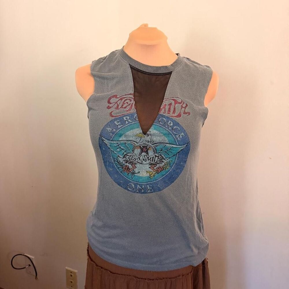 GRUNGE Aerosmith Faded Blue Aero Force One Mesh Inset Band Tank Size S
